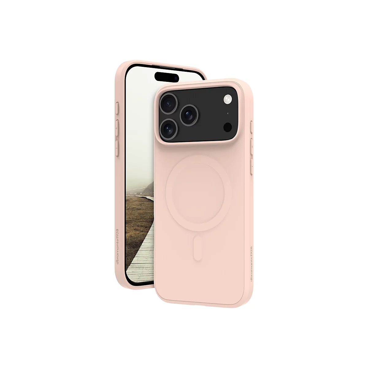 Ein rosafarbenes iPhone mit Hülle auf weißem Hintergrund. Die Hülle umhüllt das Telefon und hat ein rundes Element auf der Rückseite.