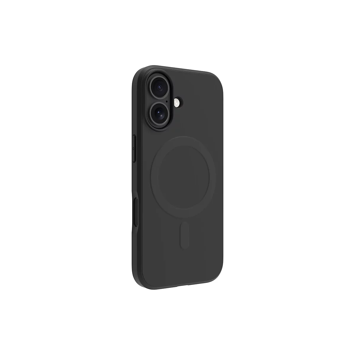 Schwarze Handyhülle mit Kameraausschnitt und MagSafe-Kreis.