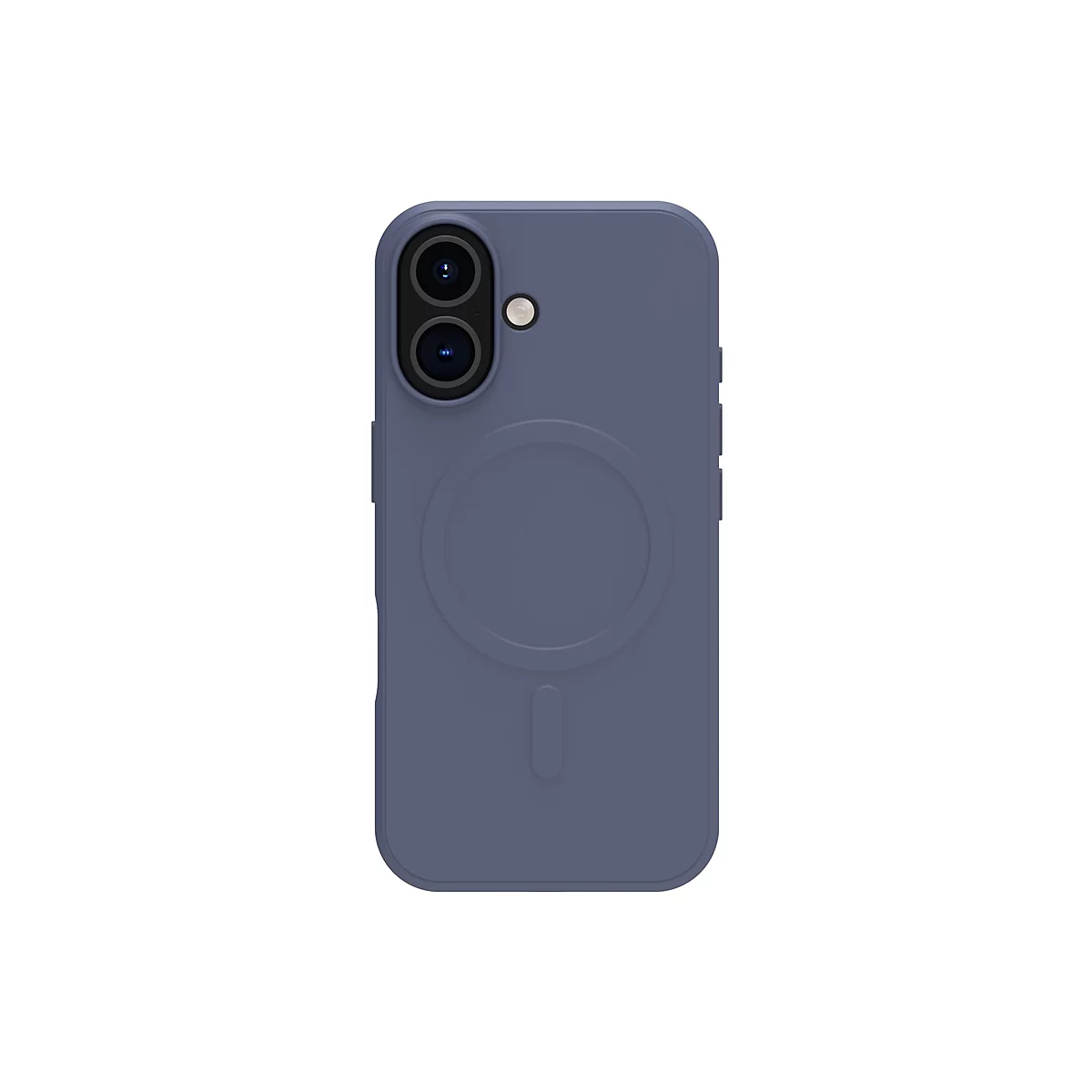 Hellblaues Smartphone-Case, Rückseite, weißer Hintergrund. Zwei Kameraobjektive und ein Blitz oben, ein Magnetring in der Mitte.