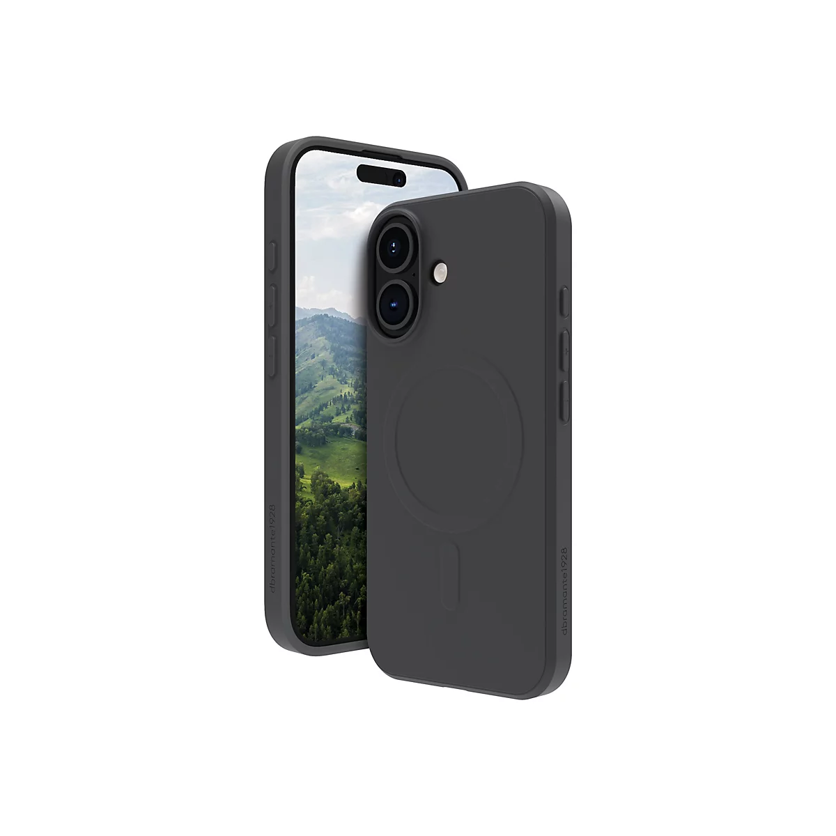 Ein schwarzes iPhone-Case neben einem iPhone. Der Bildschirm zeigt eine Landschaft. Das Case hat ein MagSafe-Design.