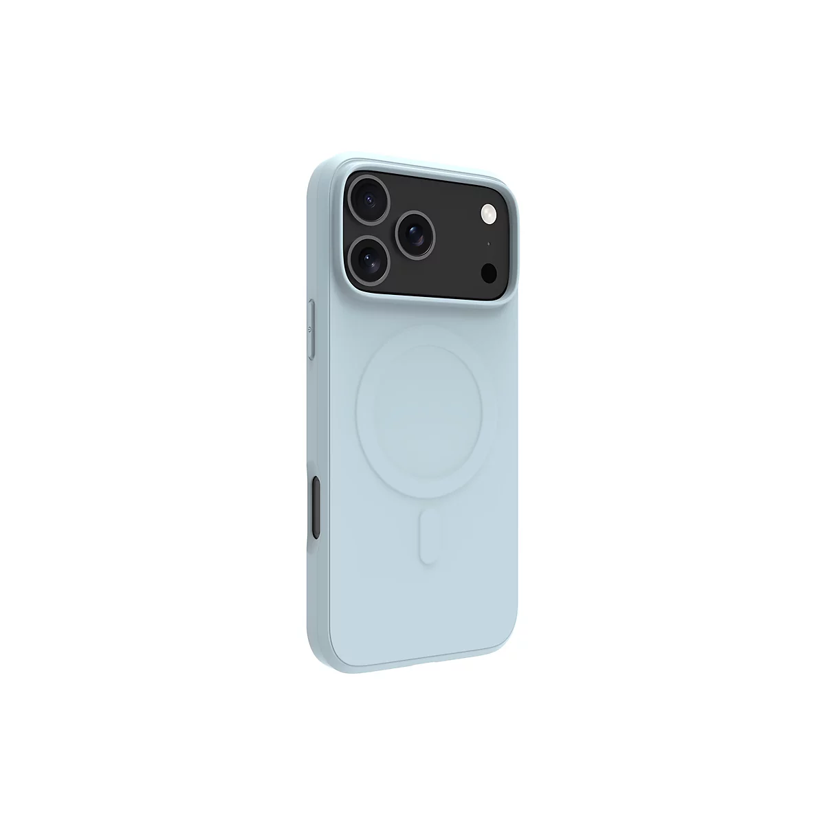 Hellblaues iPhone Case mit Kameraausschnitt und MagSafe-Kreis auf weißem Hintergrund.