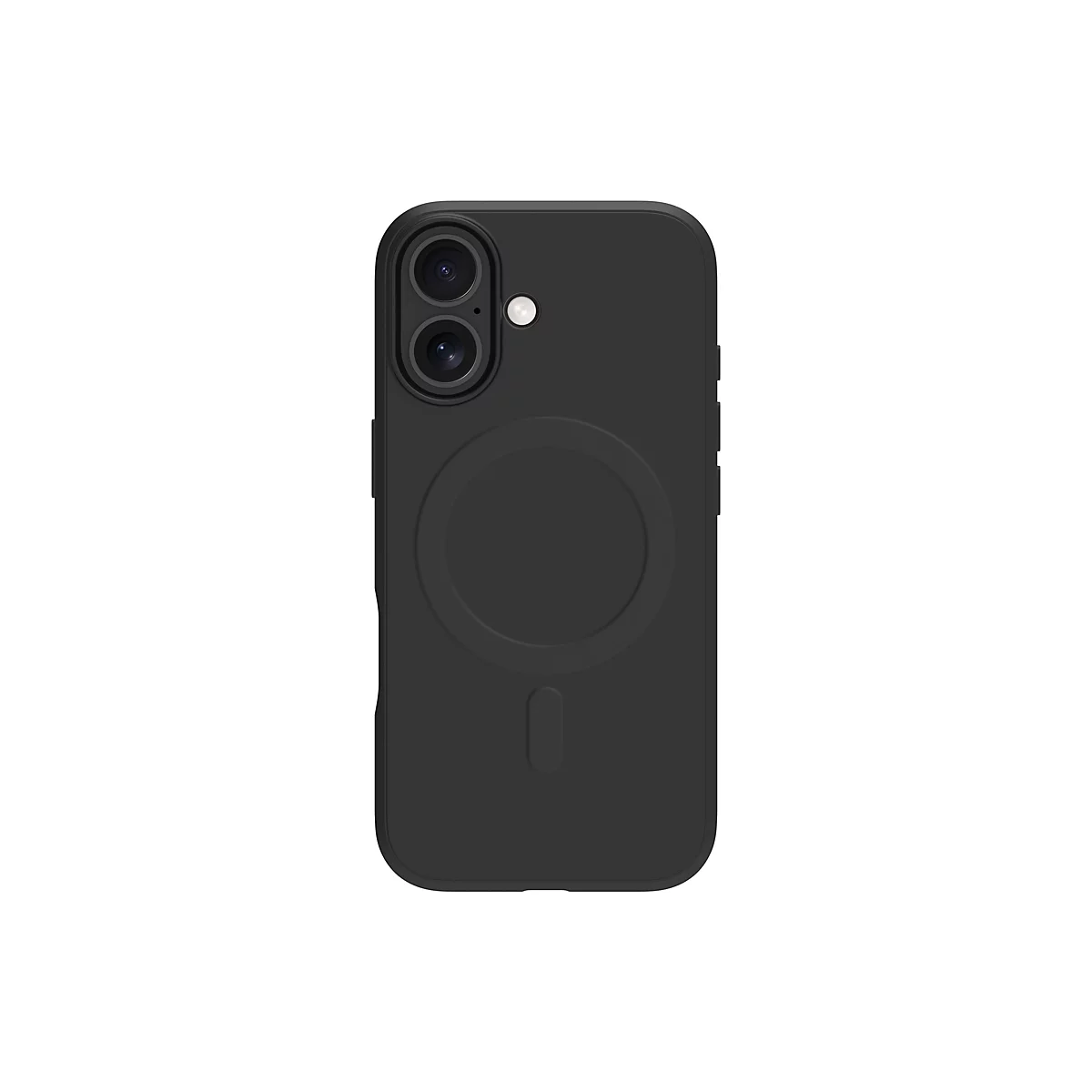 Schwarze Handyhülle mit Kameraausschnitt und MagSafe-Kreis.