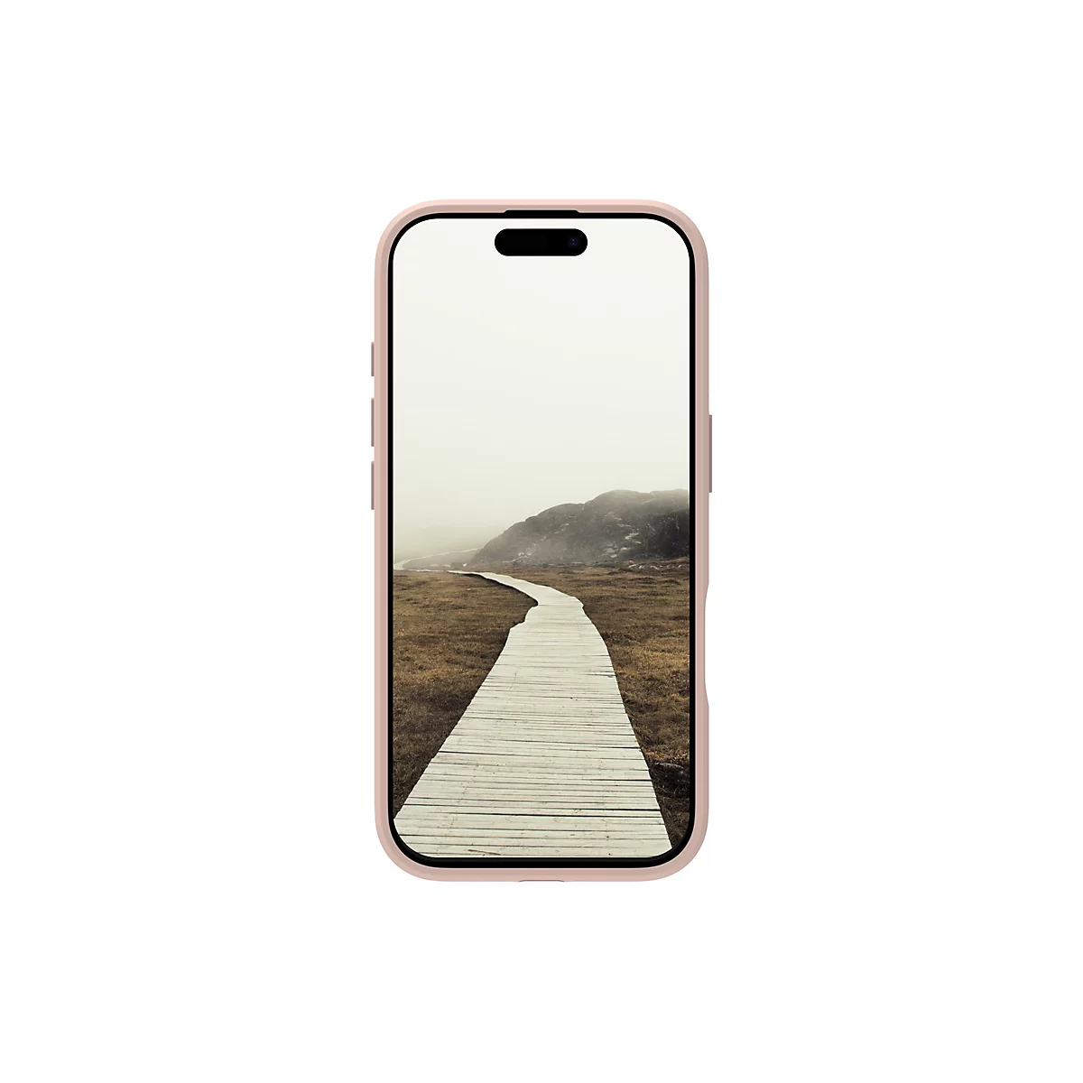 Hellrosa Smartphone mit Anzeige eines Holzweges, der sich durch eine nebelige Landschaft zieht.