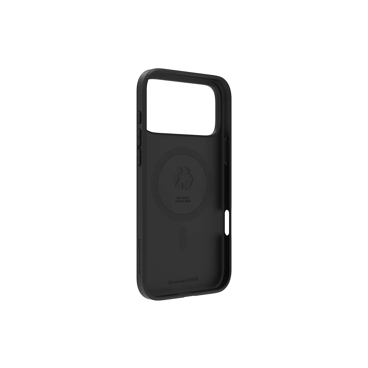 Schwarze Handyhülle vor weißem Hintergrund. Innen befindet sich der Schriftzug "RECYCLED PROTECTION" und das Logo. Seitlich befindet sich der Schriftzug "dbrand1928".