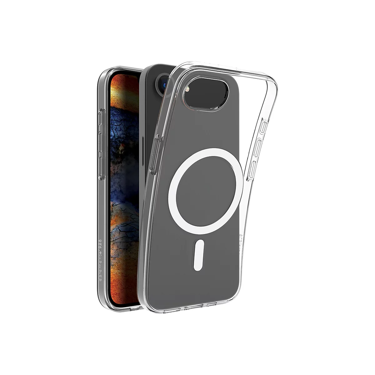 Ein transparentes iPhone Case mit MagSafe-Funktion. Das iPhone liegt teilweise im Case.