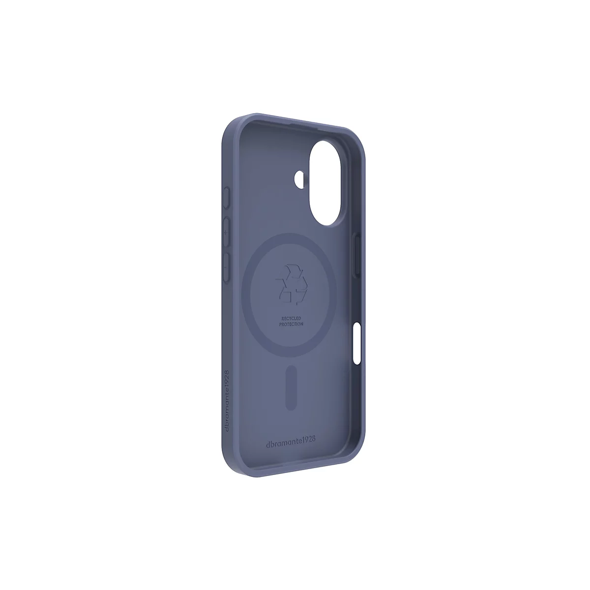 Hellblaues Handycase. Innen mit Recycling-Symbol und Schriftzug: Recycled Protection. Markenlogo: dbramante1928.