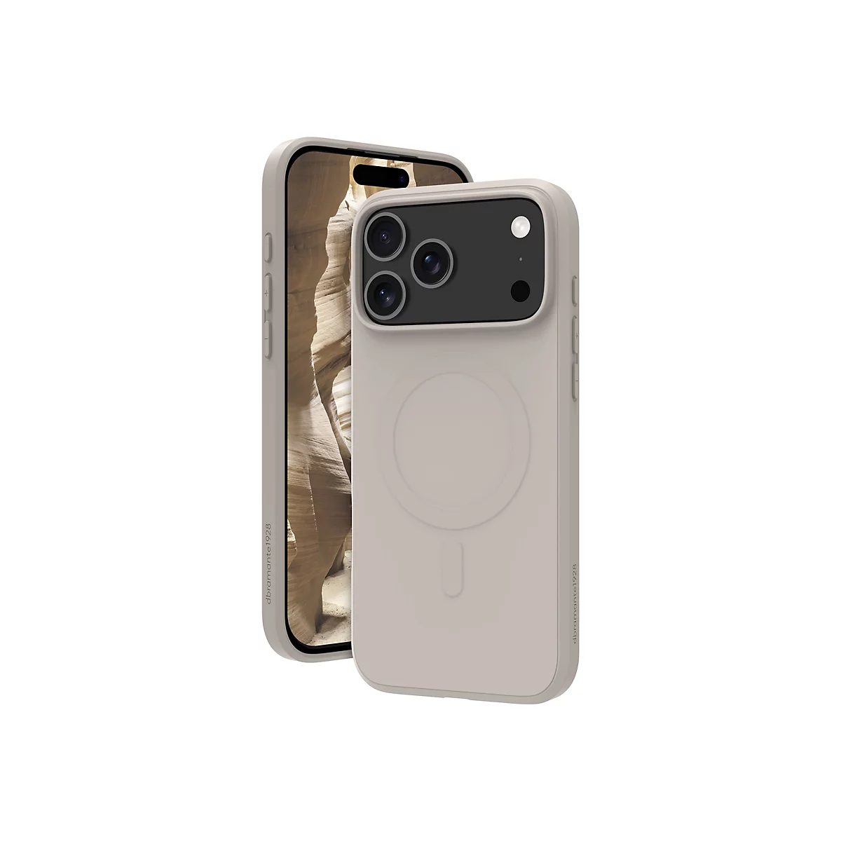Ein hellbraunes iPhone mit passender Hülle, auf weißem Hintergrund. Die Hülle hat ein rundes Element und einen länglichen Schlitz.