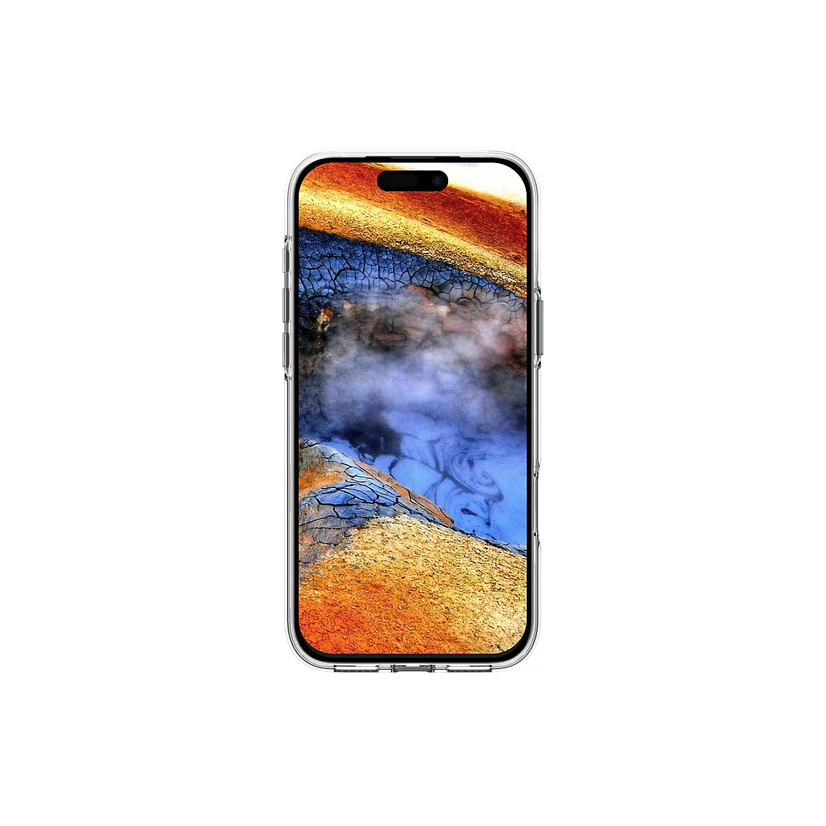 Ein Smartphone mit Landschaftsbildschirm in einer Schutzhülle. Das Display zeigt eine Landschaft in Braun-, Blau- und Orangetönen.