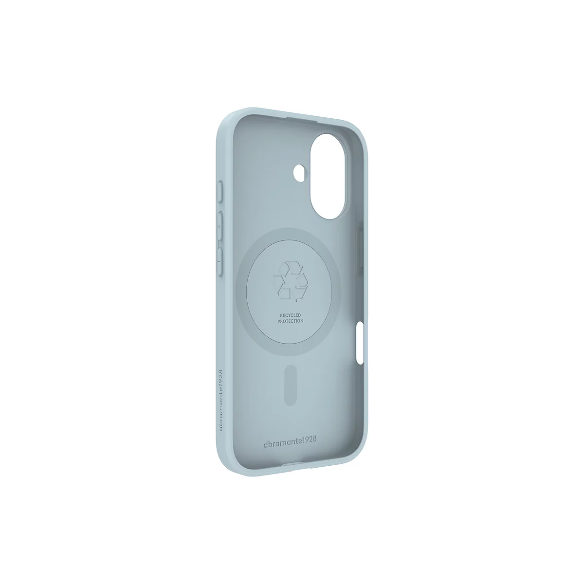 Hellblaues Handycase. Innen mit Recycling-Symbol. Rechts daneben ein Loch für die Kamera. Auf der Seite Knöpfe.