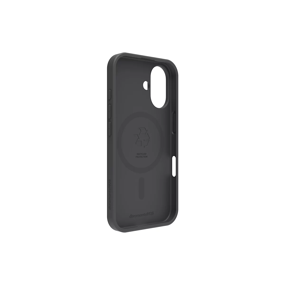 Dunkelgraue Handyhülle, Innenansicht, Ausschnitte für Kamera und Knöpfe. Aufschrift: Recycled Protection, dbrand1928.