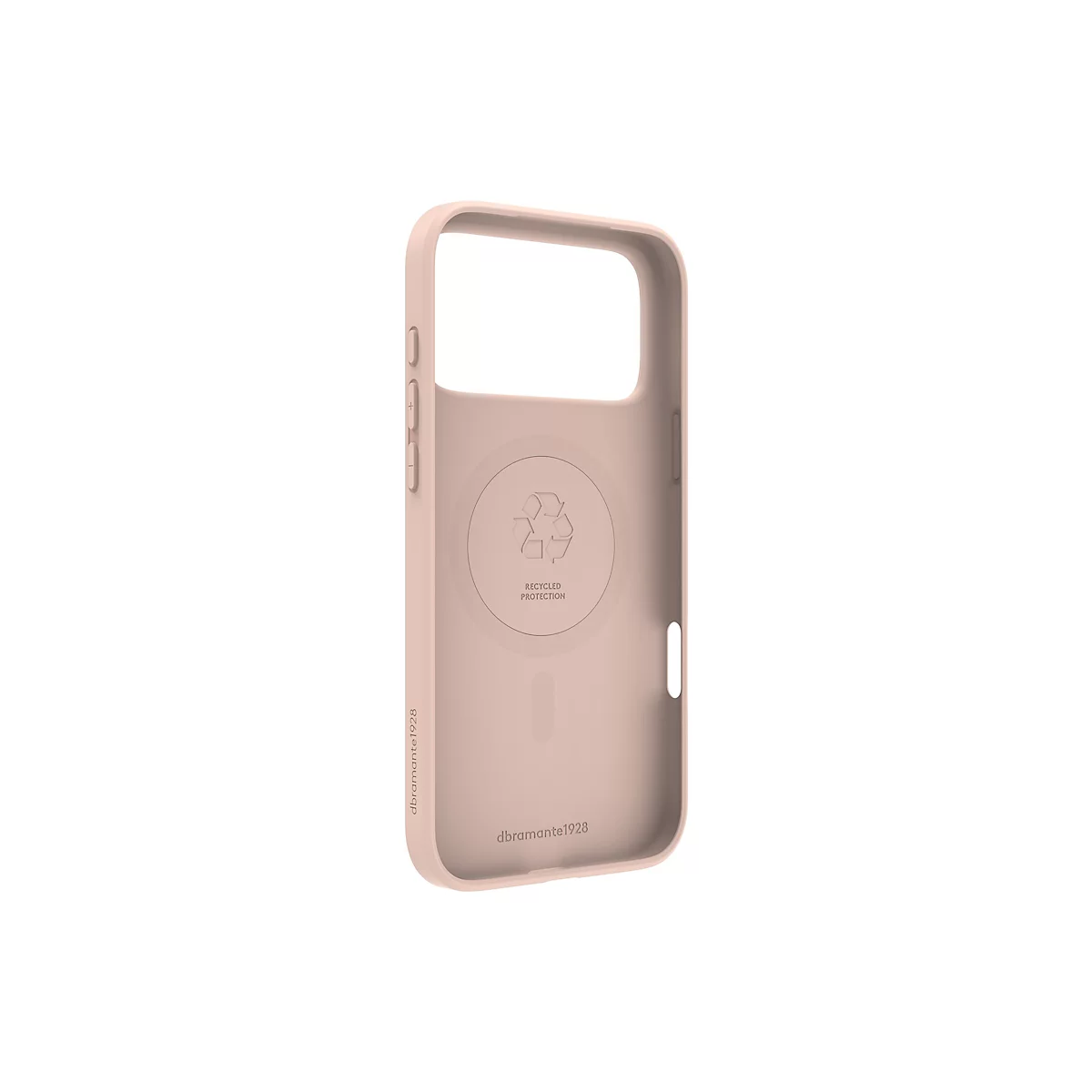 Hellrosa Handyhülle innen. Auf der Innenseite sind das Recycling-Symbol und der Schriftzug "RECYCLED PROTECTION" zu sehen. Die Marke "dbrand1928" ist auf der Seite aufgedruckt.
