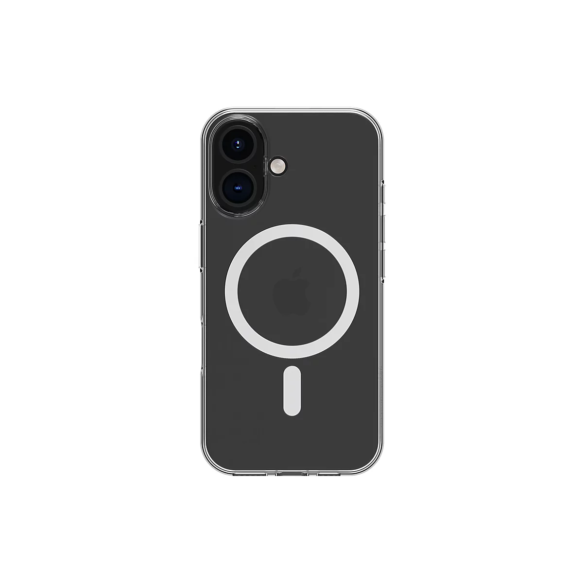Ein durchsichtiges iPhone-Case mit integriertem MagSafe-Ring. Rückseite schwarz, Kamera und Apple-Logo sichtbar, weiße Kreise und Striche.