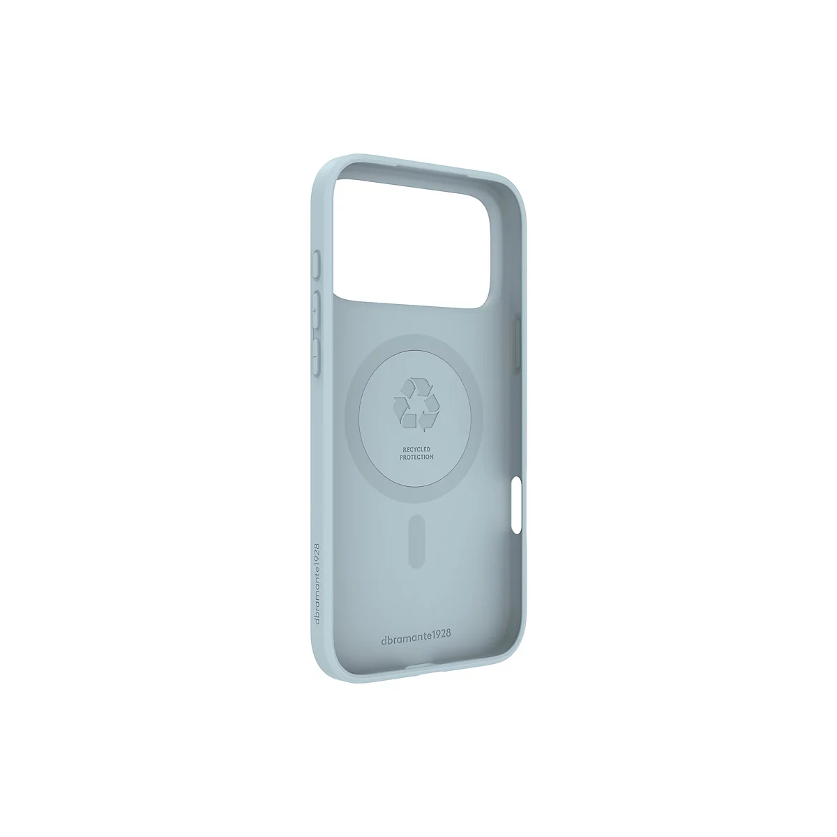 Hellblaues Smartphone-Case, innen mit Logo 'Recycled Protection'. Seitlich Knöpfe und Aufschrift 'dbrand1928'.