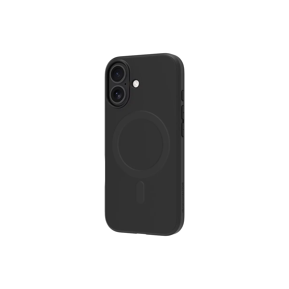 Schwarze Smartphone-Hülle, MagSafe-kompatibel, mit Kameraaussparung, Tasten und Firmenlogo.