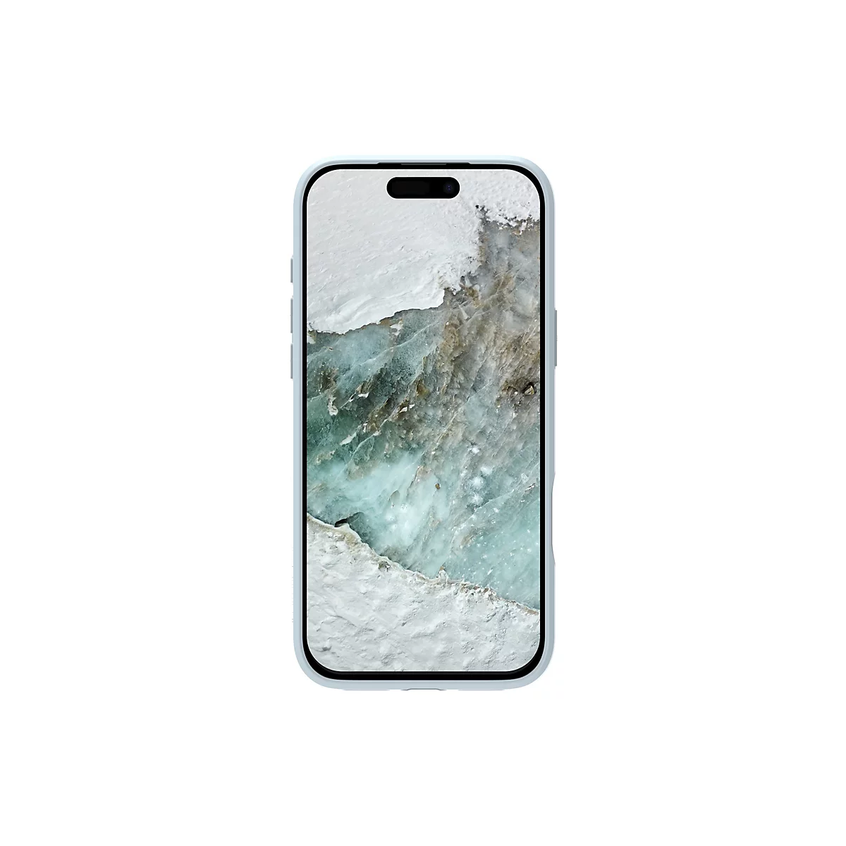 Ein Smartphone mit hellblauem Gehäuse zeigt einen Eislandschaft Hintergrund, vor weißem Hintergrund.