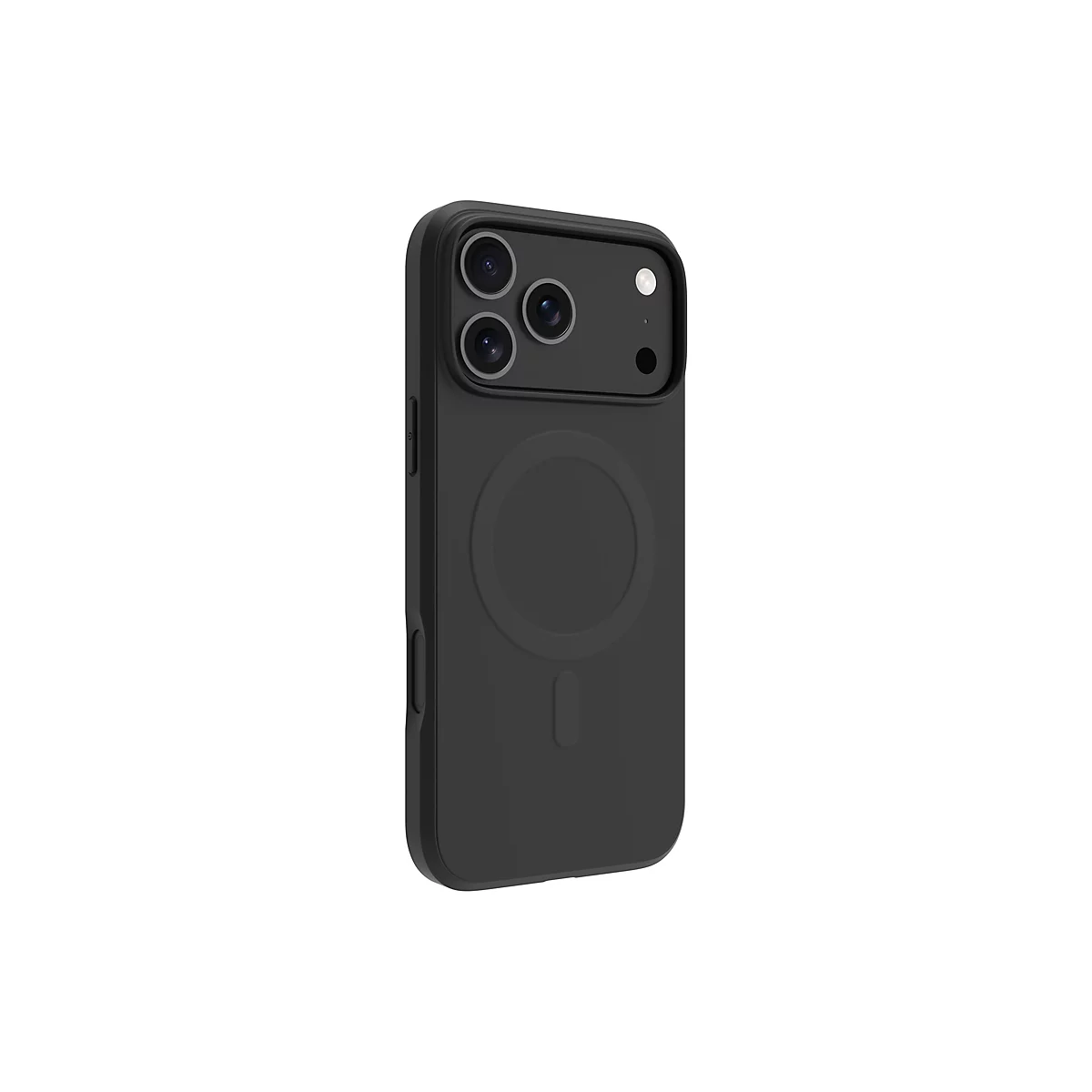 Schwarze Handyhülle für ein iPhone, Seitenansicht. Die Hülle hat eine Aussparung für die Kameras und einen kreisförmigen Magnetring.