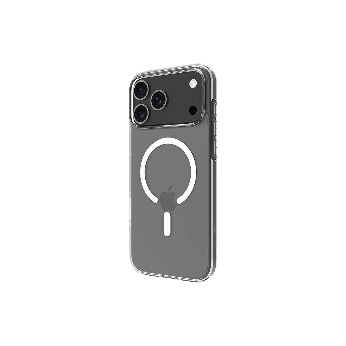 Durchsichtige Handyhülle für ein iPhone, mit drei Kameralinsen, MagSafe-Ring und Apple-Logo.