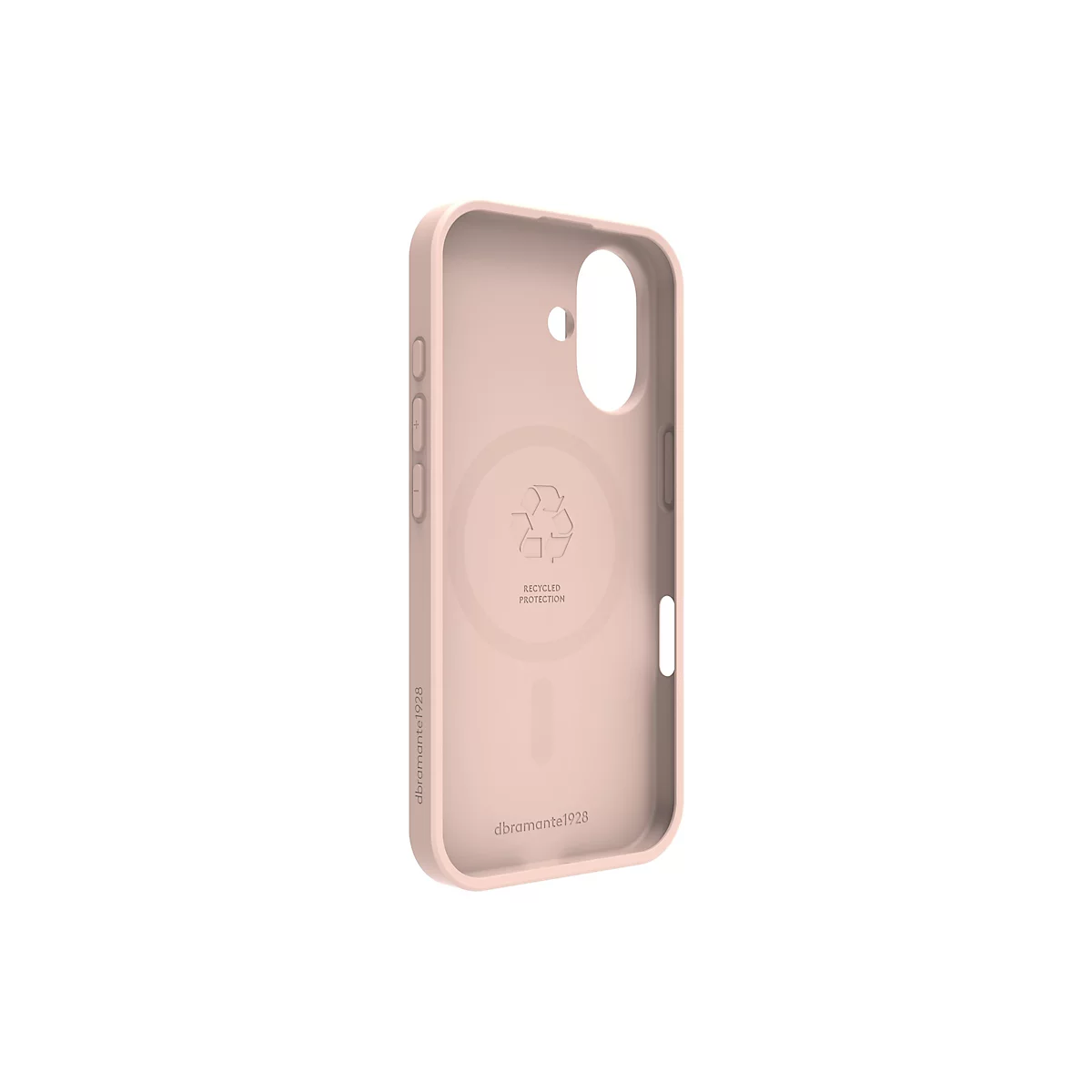 Hellrosa Handyhülle mit Aussparungen für Kamera und Knöpfe. Auf der Rückseite sind ein Recycling-Symbol und der Schriftzug "Recycled Protection" abgebildet.