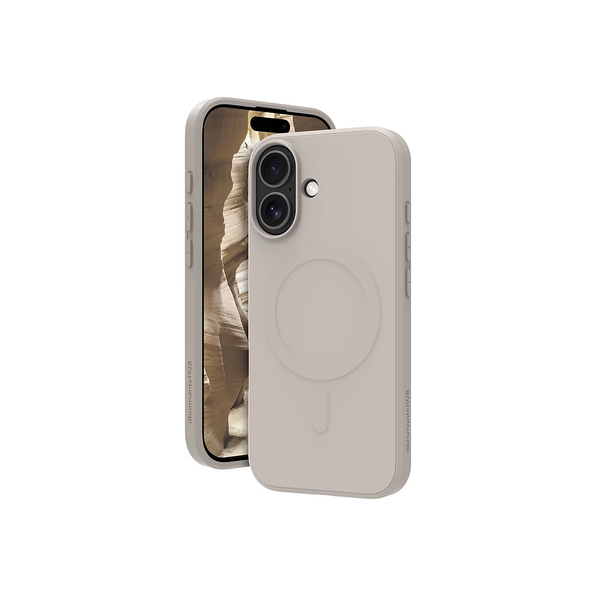 Hellbeige iPhone-Hülle mit eingebautem MagSafe-Ring und einer angebrachten iPhone-Hülle. Auf der Hülle ist ein weißes Logo und ein seitliches Logo zu sehen.