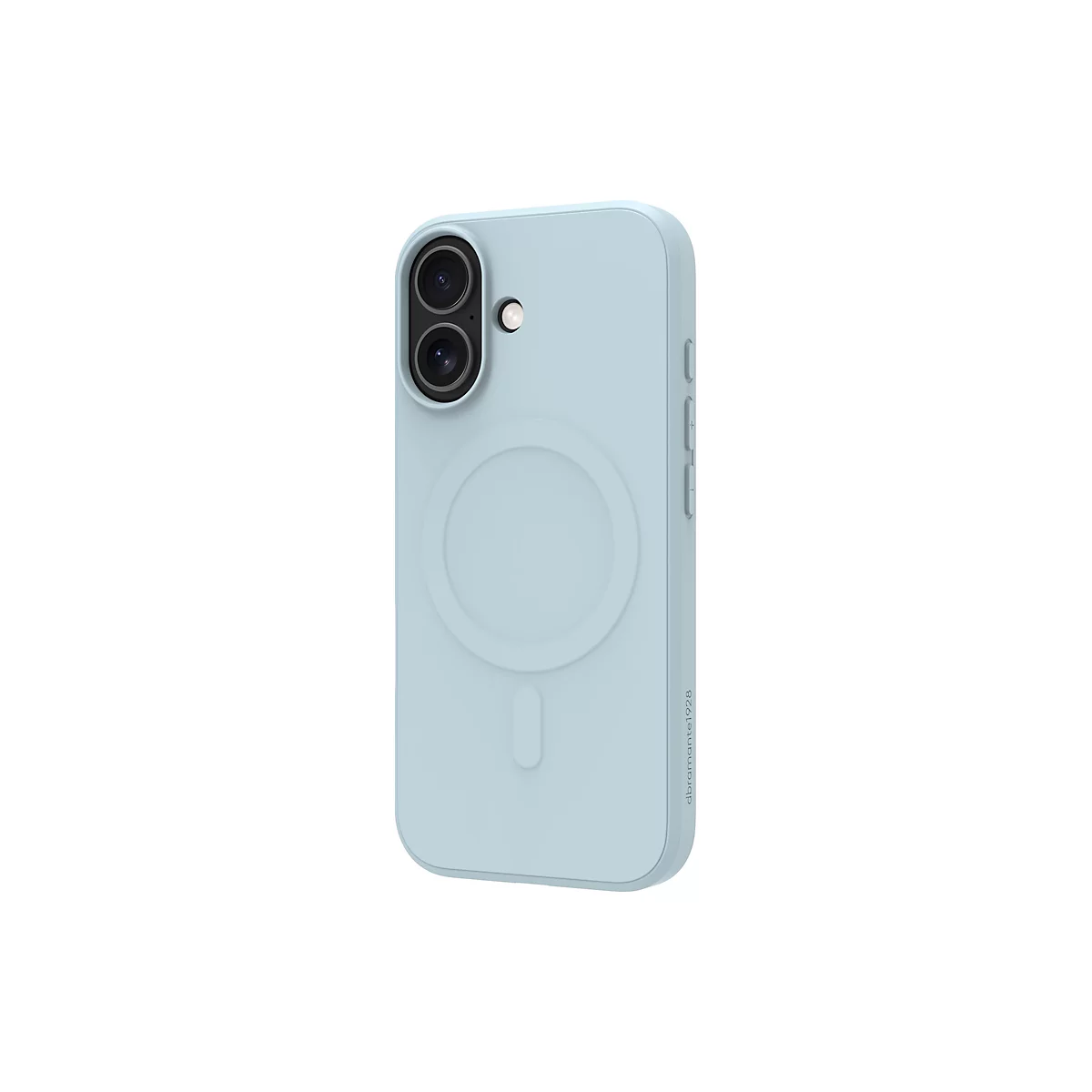 Hellblaues Smartphone-Case. Auf der Rückseite sind Kameraaussparungen, ein MagSafe-Ring und Knöpfe sichtbar.