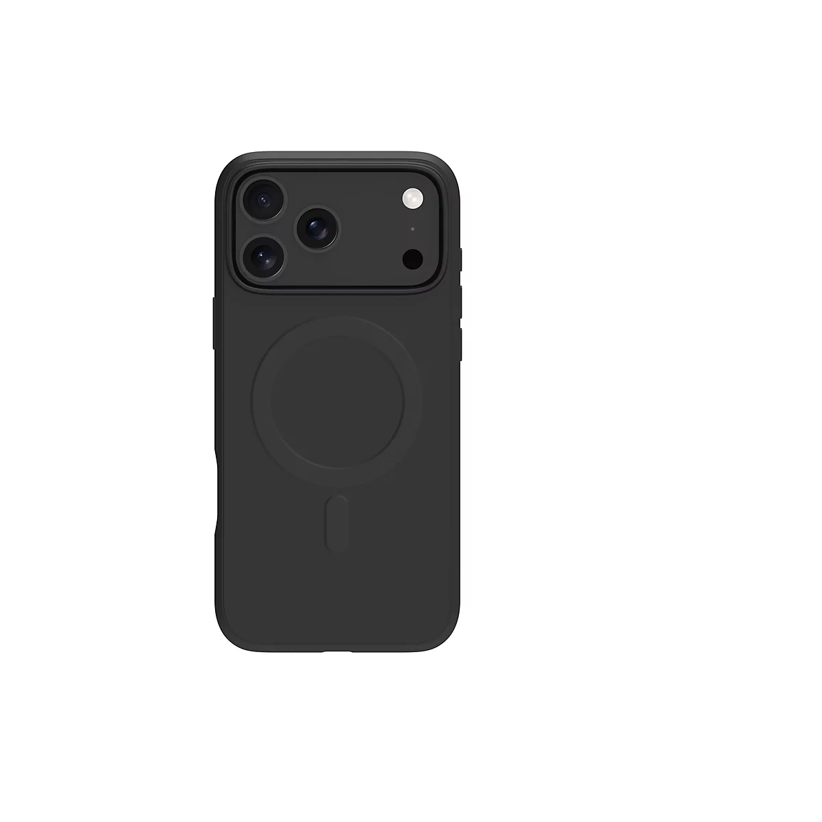 Schwarze Handyhülle für ein Smartphone mit Kamera, magsafe kompatibel. Auf weißem Hintergrund.