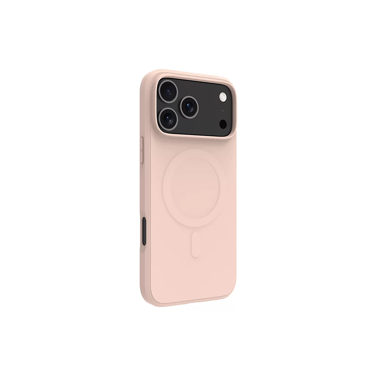 Hellrosa Handyhülle für ein Smartphone, mit drei Kameraöffnungen, einem flachen Ring auf der Rückseite und einer Öffnung für die Ein-/Aus-Taste.