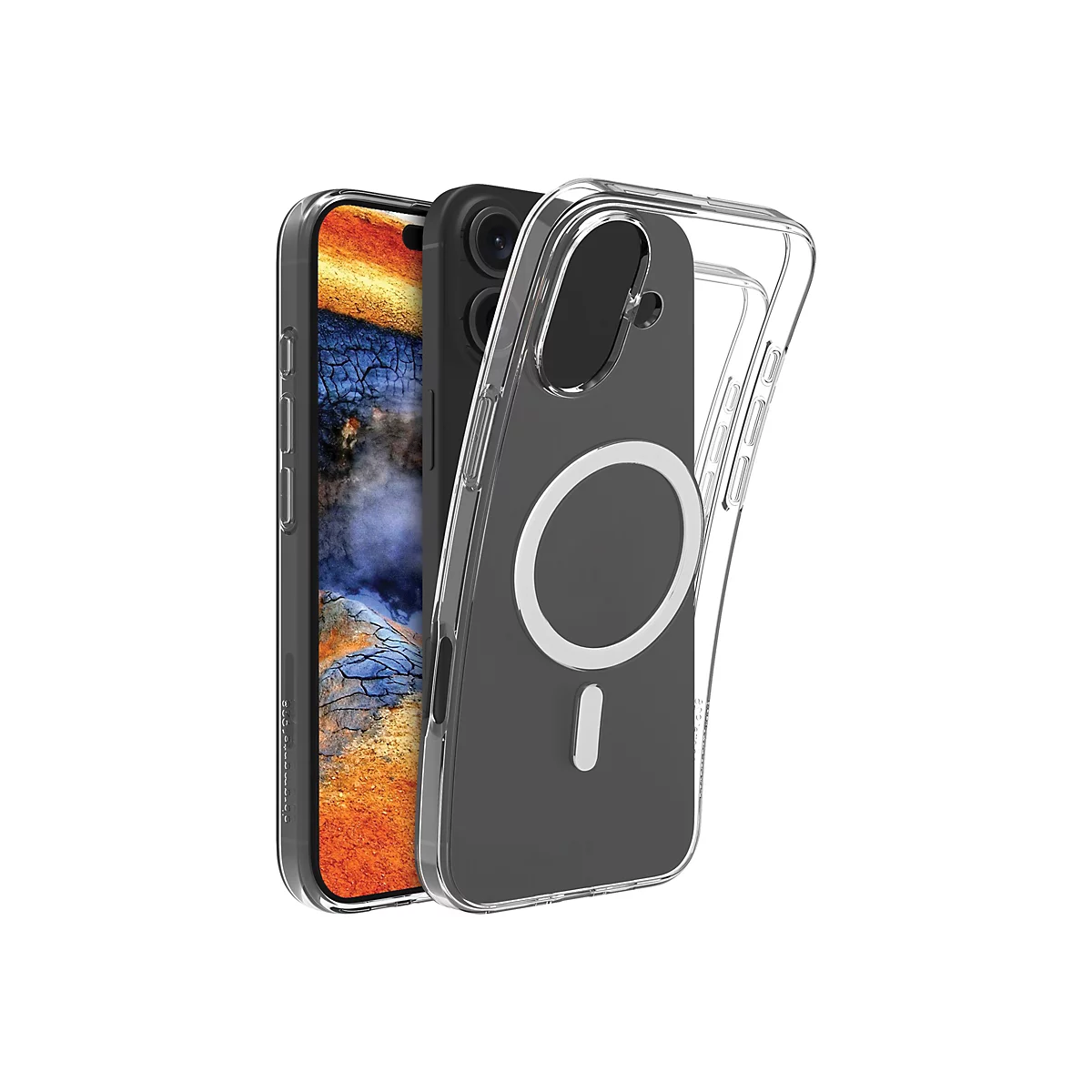 Un iPhone présenté dans une coque de protection transparente, présenté sur un fond blanc. La coque met en évidence le design et les caractéristiques de l'appareil.