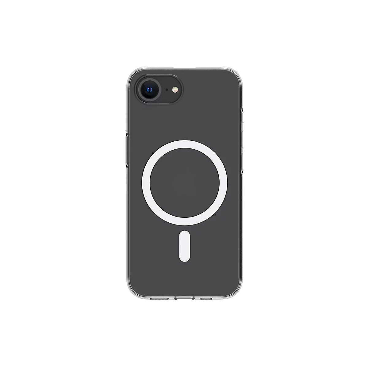 Un iPhone dans un étui transparent, un cercle blanc avec un tiret vertical au dos.