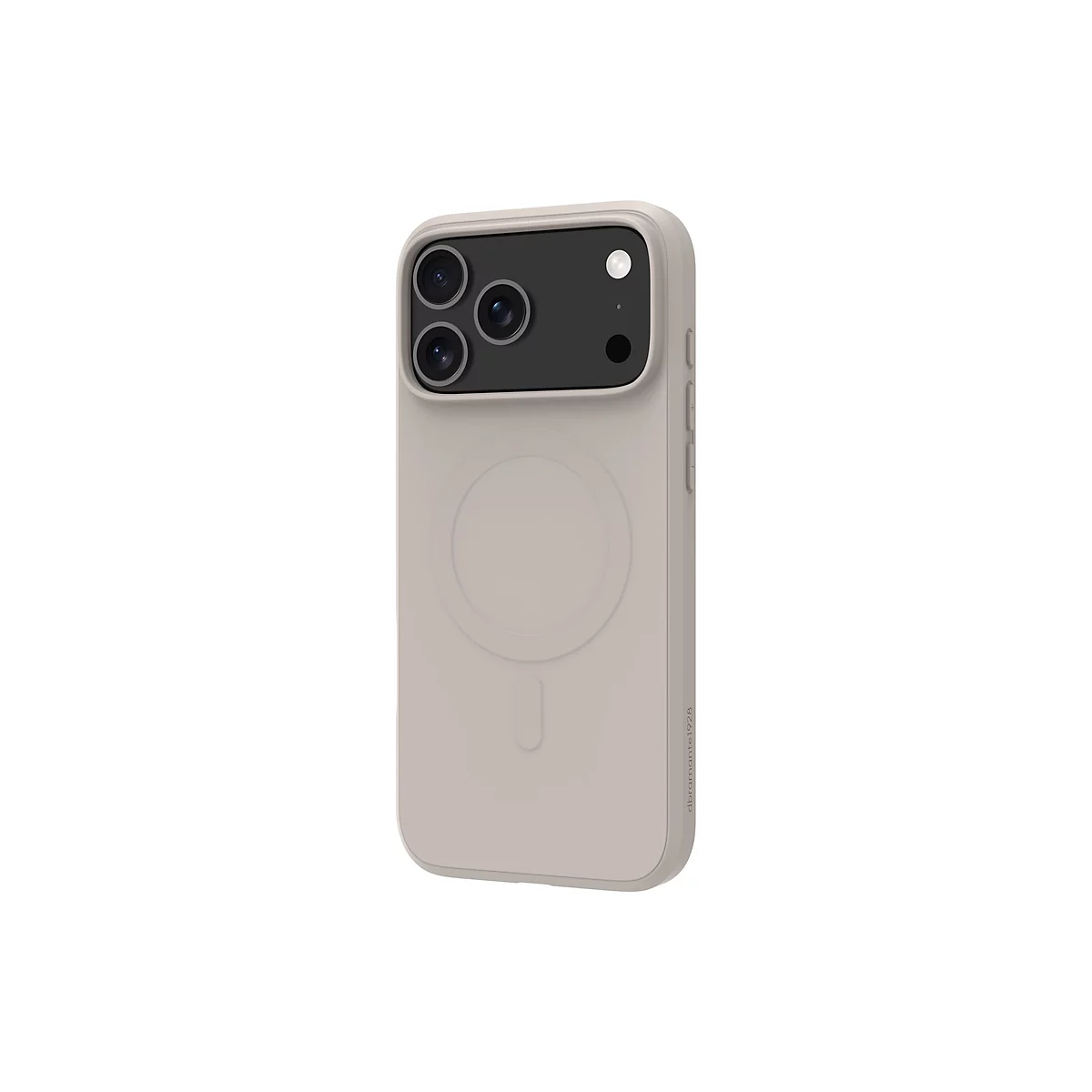 Coque de téléphone beige avec découpe pour appareil photo et cercle MagSafe.