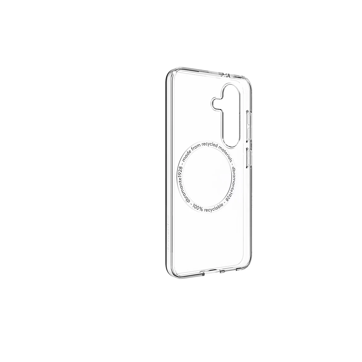 Coque de téléphone transparente aux coins arrondis, avec le logo 'dbramante1928' et l'inscription 'made from recycled materials'.