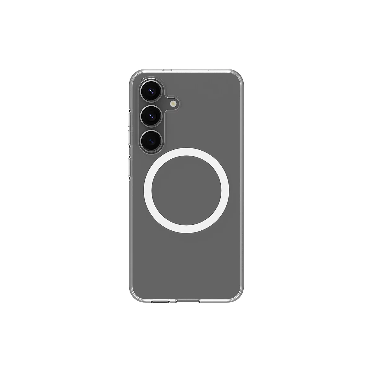 Smartphone gris avec étui de protection et cercle blanc sur fond blanc. Trois caméras, flash.