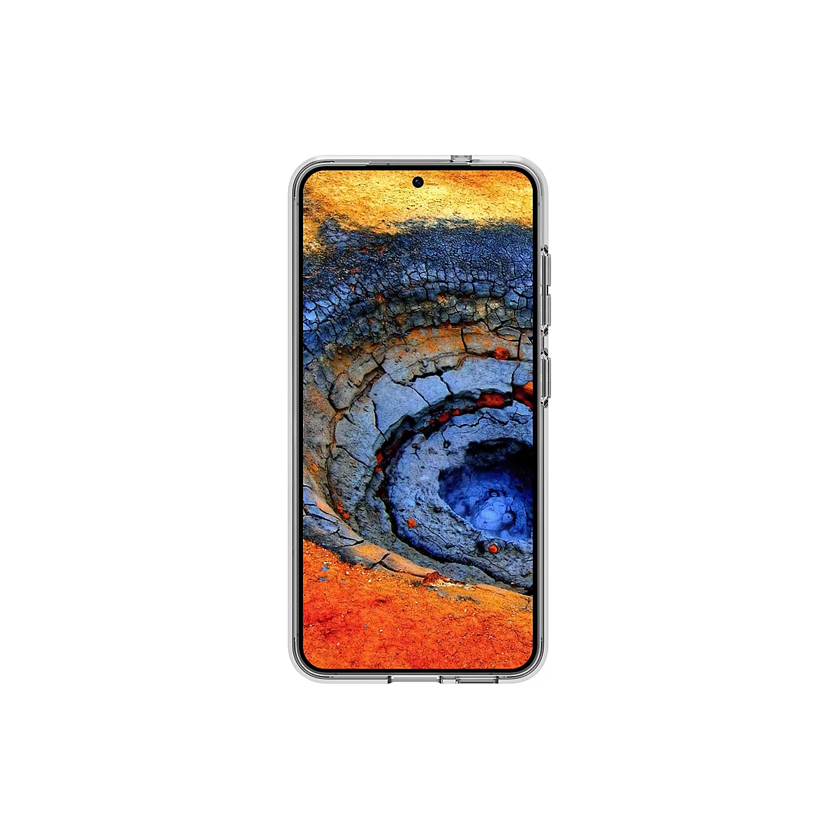 Smartphone affichant une image de paysage abstraite. Couleurs : orange, bleu, marron, gris.