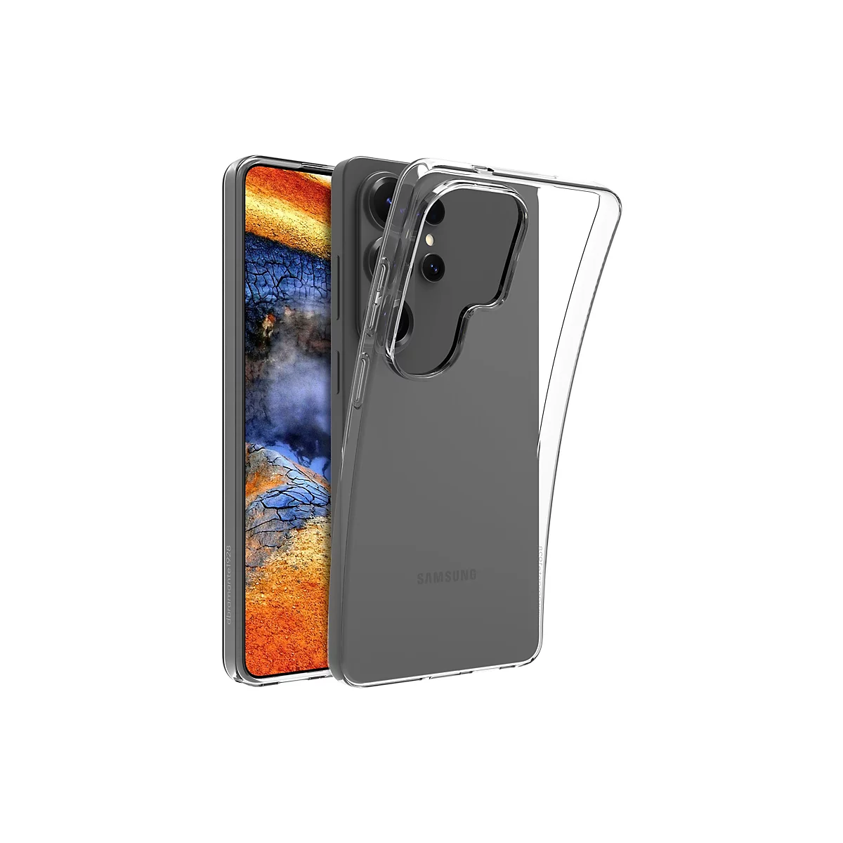 Ein Smartphone, welches in einer transparenten Schutzhülle steckt, wird von vorne mit leicht geöffneter Schutzhülle auf weißem Hintergrund gezeigt. Das Smartphone ist grau.