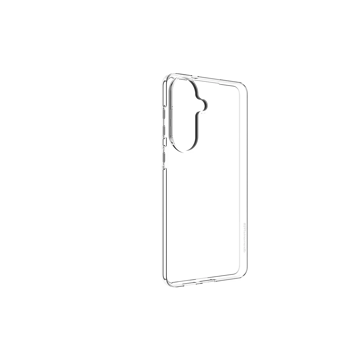 Transparente Handyhülle, die die Form des Handys abbildet. Auf der Seite ist ein Schriftzug zu sehen.