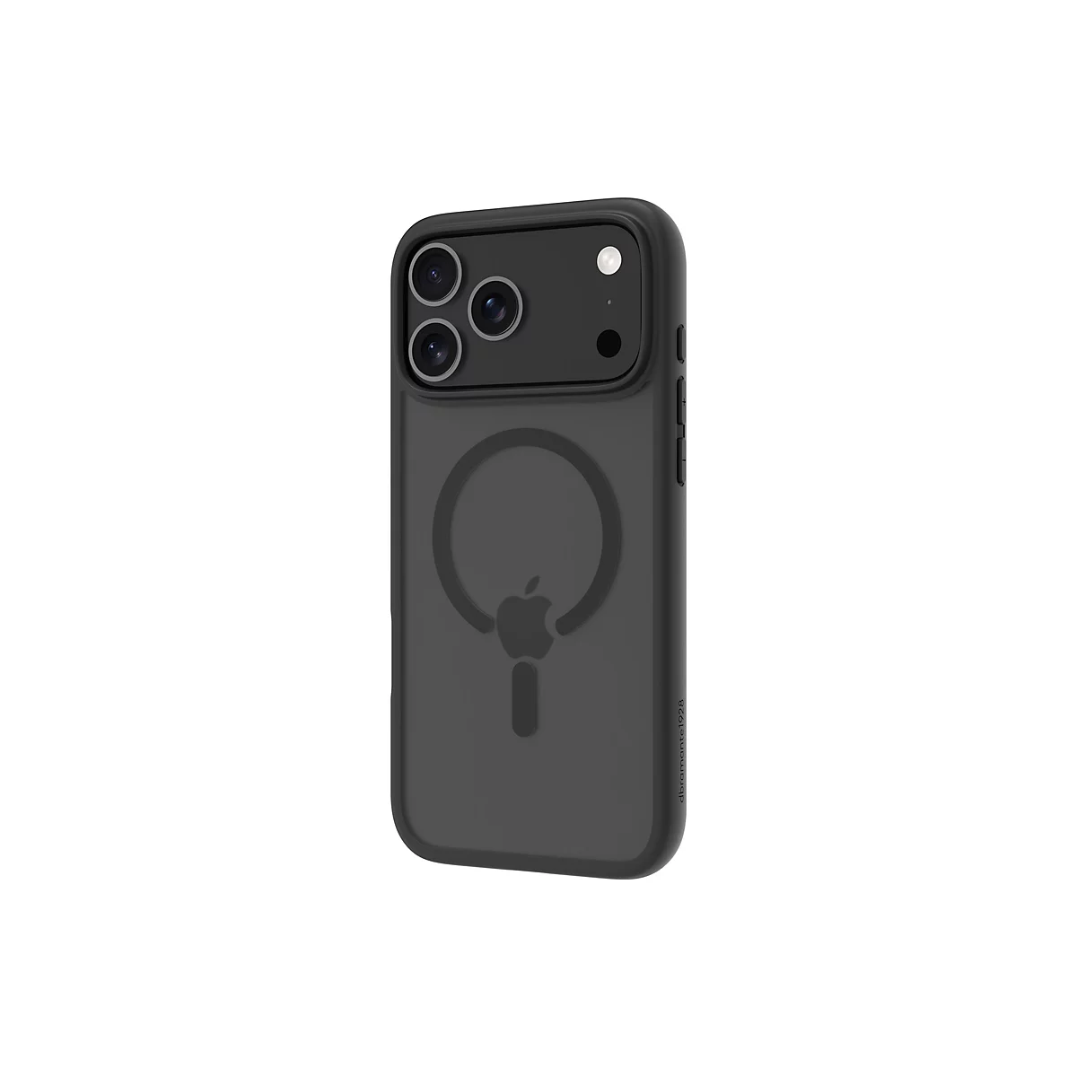 Schwarze Handyhülle mit Kameraausschnitt und Apple-Logo, vor weißem Hintergrund.