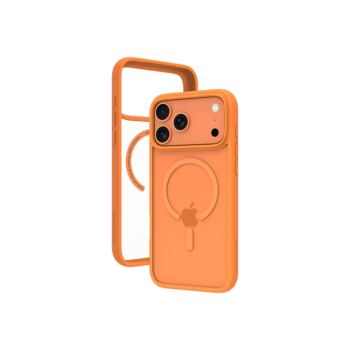 Orangefarbene Handyhülle, teiltransparent, mit Apple-Logo. Kamera- und Bedienelemente sind ausgespart.