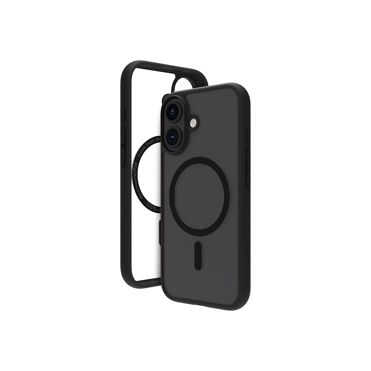 Schwarze Handyhülle und transparente Handyhülle nebeneinander, Detailansicht. Auf der Rückseite der schwarzen Hülle ist ein Magnetring zu sehen.