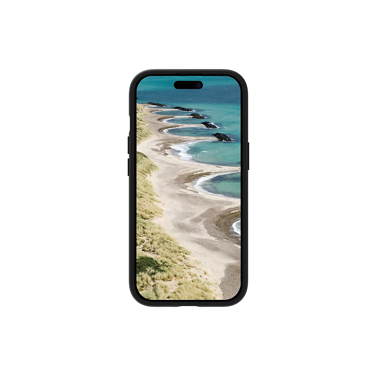 Schwarzes Smartphone mit Landschaftsbild; Strand mit Wasser und Dünen.