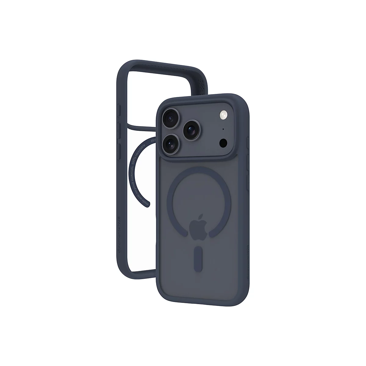 Ein dunkelblaues iPhone-Gehäuse, das um ein iPhone gelegt ist. Die Hülle hat ein MagSafe-Design und das Apple-Logo ist sichtbar.