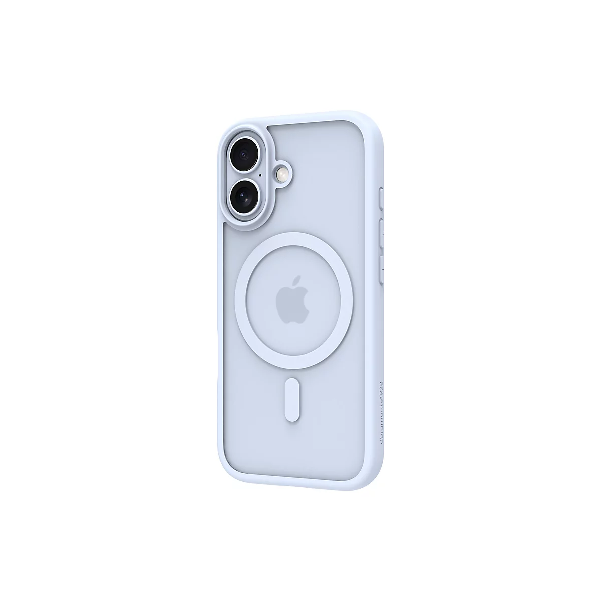 Hellblaues iPhone Case mit Kamerabereichen, Apple Logo und MagSafe Ring.