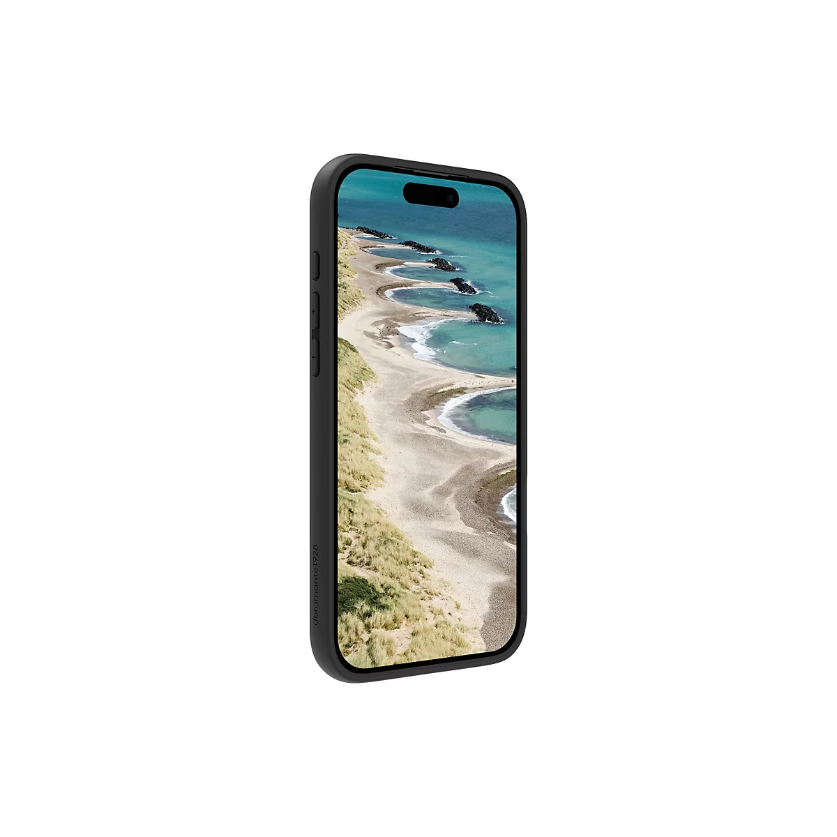 Ein schwarzes Smartphone mit einer schwarzen Hülle, das einen Strand mit Meer zeigt. Auf der Hülle ist der Schriftzug "dbramante1928" zu sehen.