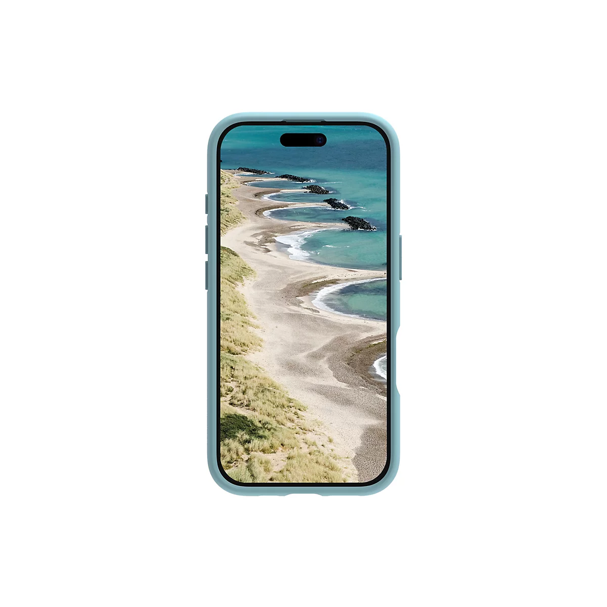 Hellblaues Smartphone-Case zeigt einen Strand mit Dünen und blauem Meer.