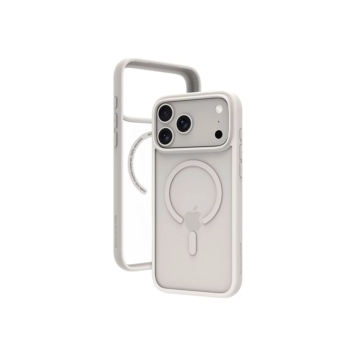 Hellgraue iPhone-Hülle mit durchsichtigen Seiten. Auf der Rückseite ist ein Apple-Logo und ein magnetischer Ring zu sehen. 