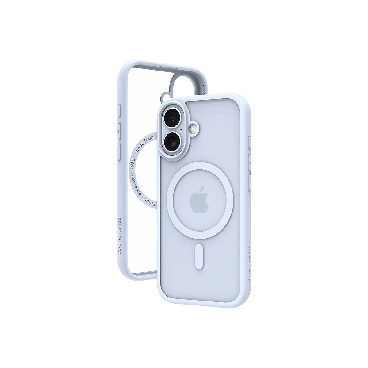 Hellblaues iPhone Case mit transparentem Rahmen; das Case ist offen neben dem Handy. Der Herstellername ist seitlich aufgedruckt.