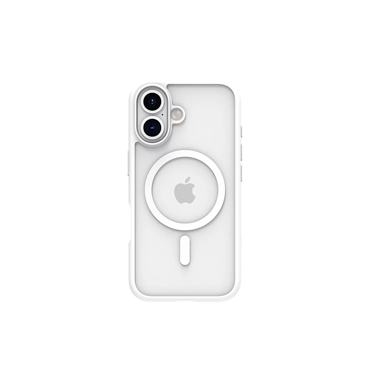 Weißes Handycase mit Apple Logo und Kameraausschnitt. Transparenter Rand.