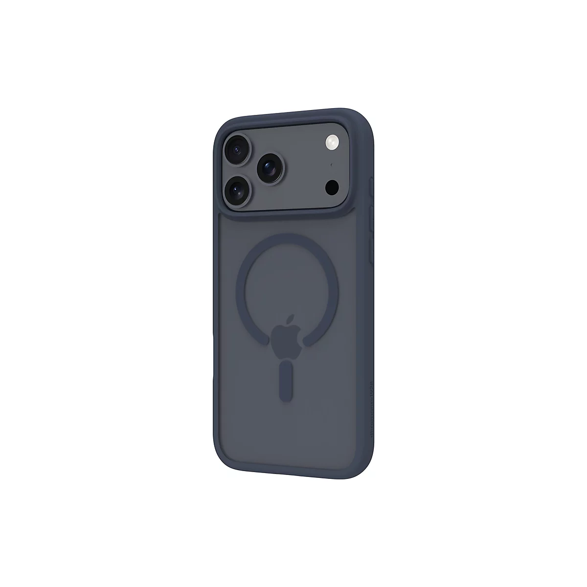 Dunkelblaue Handyhülle für ein Smartphone mit drei Kameras, weißem Hintergrund. Das Apple-Logo ist auf der Rückseite sichtbar.