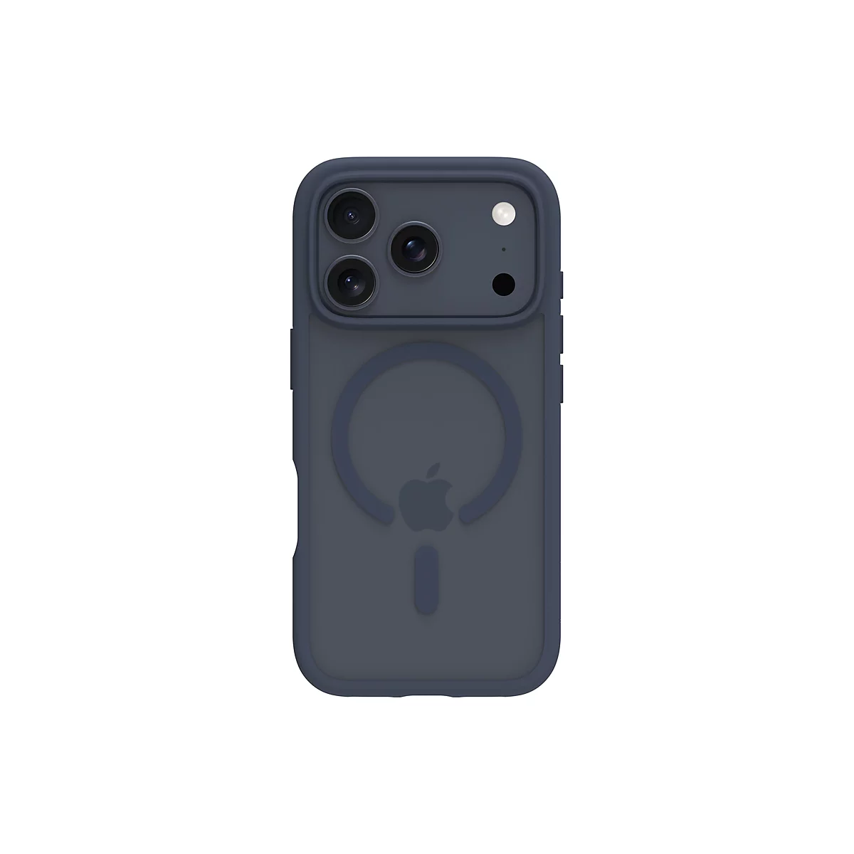 Dunkelblaue Handyhülle mit Kameraausschnitt und Apple-Logo, auf weißem Hintergrund.