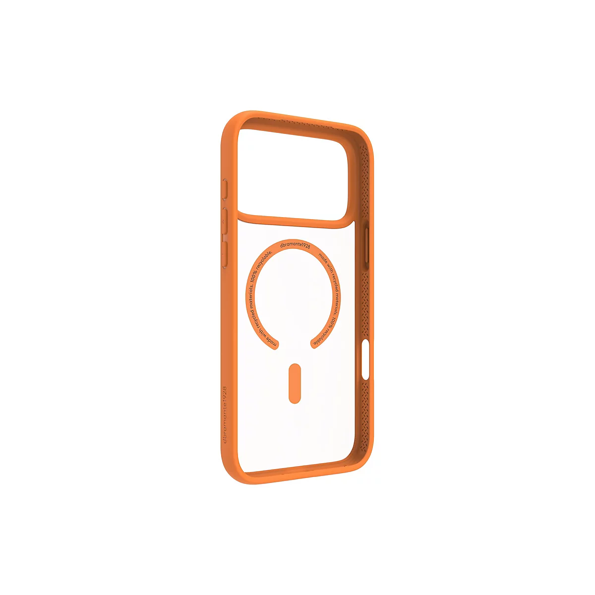 Orangene Handyhülle für Smartphones, mit durchsichtiger Rückseite und einem Magnetring. Auf der Hülle stehen Texte wie "dbramante1928" und "made with recycled materials. 100% recyclable."