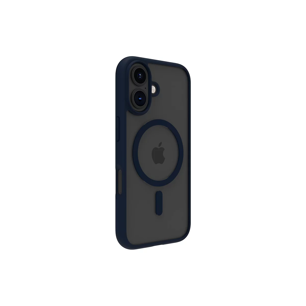 Dunkelblaues iPhone-Gehäuse mit grauem Hintergrund. Apple-Logo und Kameraöffnungen sichtbar.