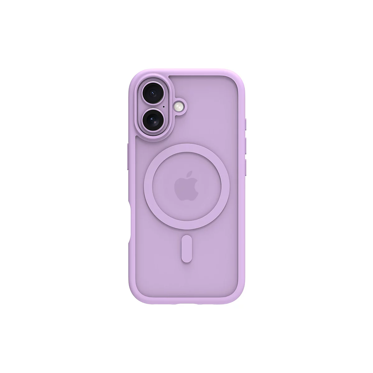 Ein helllilafarbenes Handycase vor weißem Hintergrund. Es hat einen leicht erhabenen Rand und eine runde Aussparung mit dem Apple-Logo sowie eine Öffnung für die Kamera.